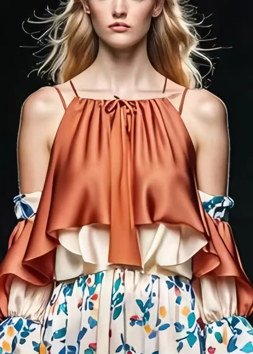 Brown Cold Shoulder Patchwork Print Silk Dresses Spring