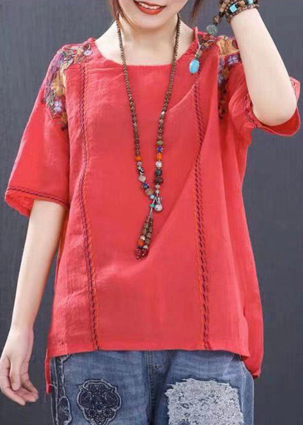 Handmade Red O-neck Embroidered Linen Tank Tops Short Sleeve