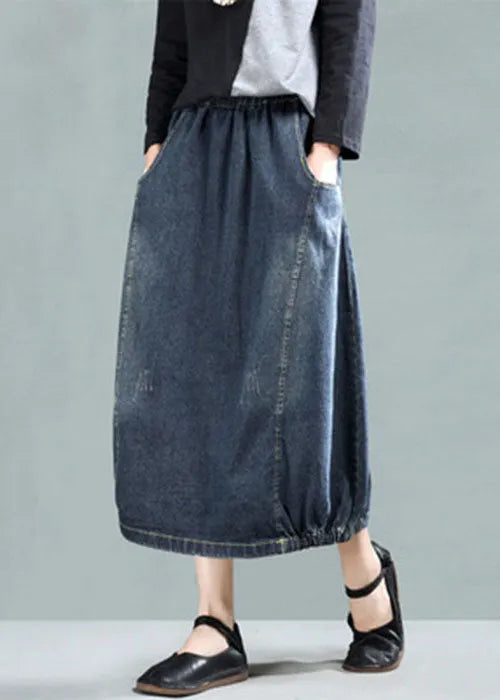 Dark Blue Patchwork Denim a Line Skirt Wrinkled Spring