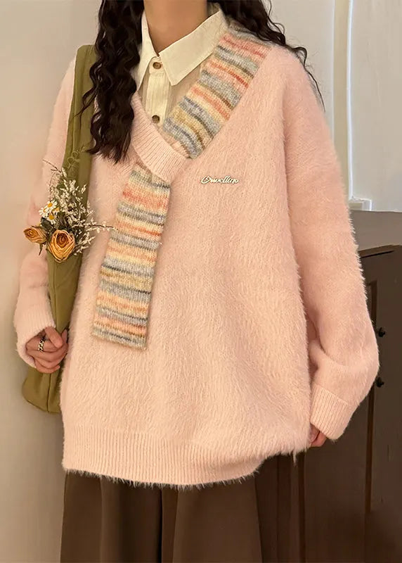 Loose Apricot V Neck Striped Patchwork Mink Hair Knitted Sweaters Spring