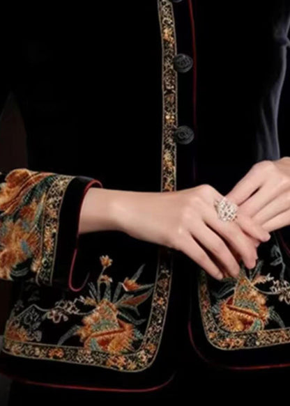 Black Embroidered Button Silk Coats Long Sleeve