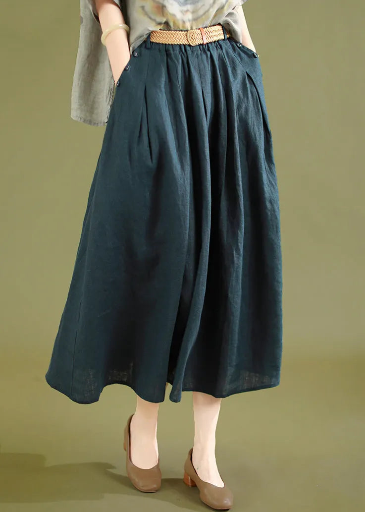 Navy Wrinkled Linen Skirts Elastic Waist Summer