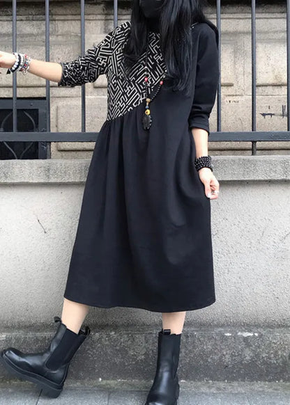 Black O-neck Asymmetrical Patchwork Cotton Maxi Dress Long Sleeve