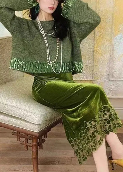 Fitted Green Knit Sweaters and Velour Skirts Two Piece Suit Set Fall