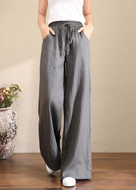 French Orange Flower Elastic Waist Pockets Linen Wide Leg Pants Summer