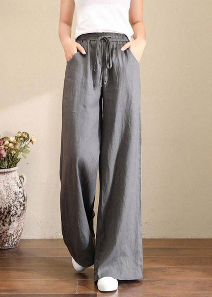 French Orange Flower Elastic Waist Pockets Linen Wide Leg Pants Summer