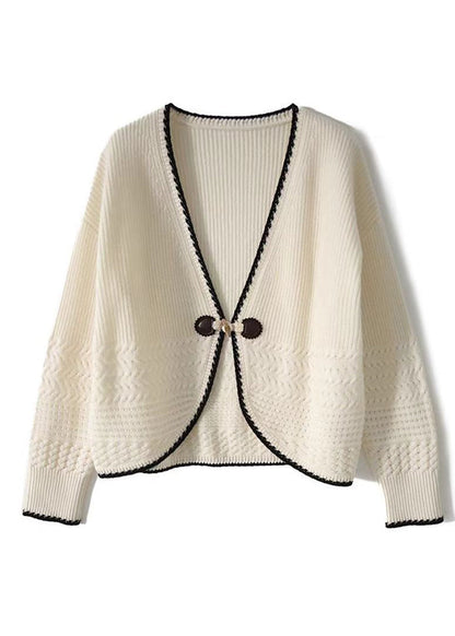 Beige V Neck Woolen Knit Cardigan Fall