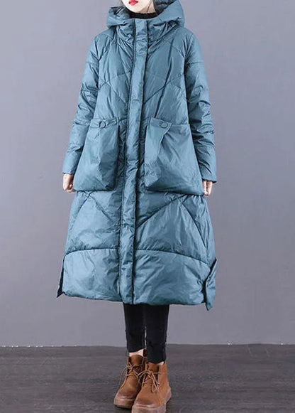 Blue-green Hooded Zippered Oversized Thick Duck Down Puffers Jackets Winter
