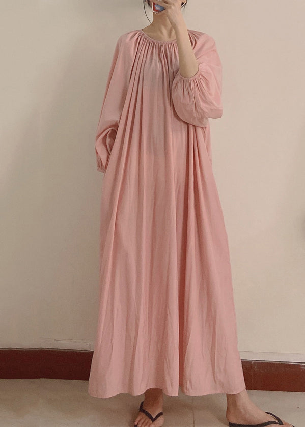 Pink Wrinkled Pockets Maxi Dress Long Sleeve