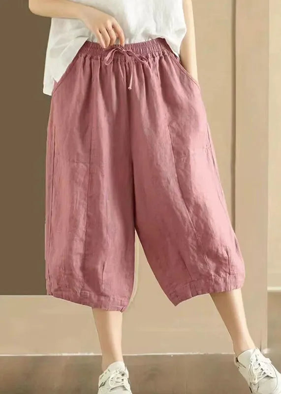 Pockets Elastic Waist Linen Crop Pants Summer