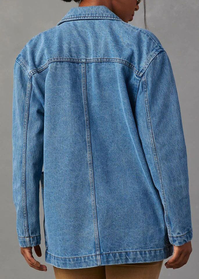 Boutique Blue Notched Pockets Button Denim Coats Fall