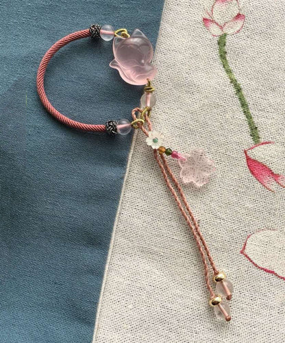 Pink Hand Knitting Crystal Furong Stone Fox Charm Bracelet