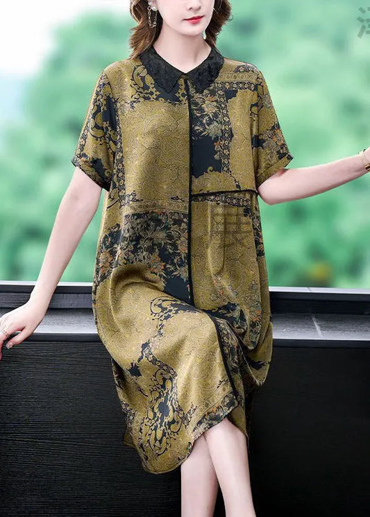 Green Peter Pan Collar Print Silk Dress Summer
