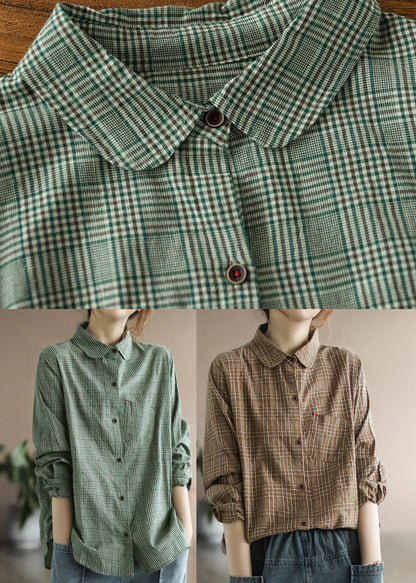 Chocolate Plaid Cotton Shirt Tops Pocket Long Sleeve