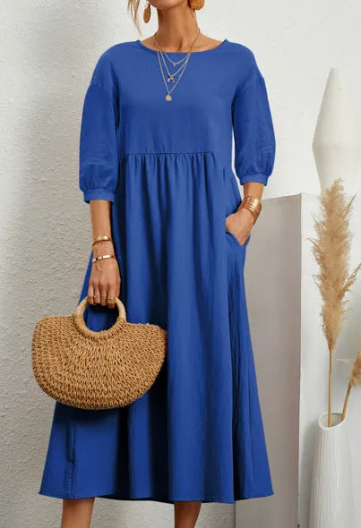 Spring Outfit Lantern Sleeve Loose Cotton and Linen Pocket Dress