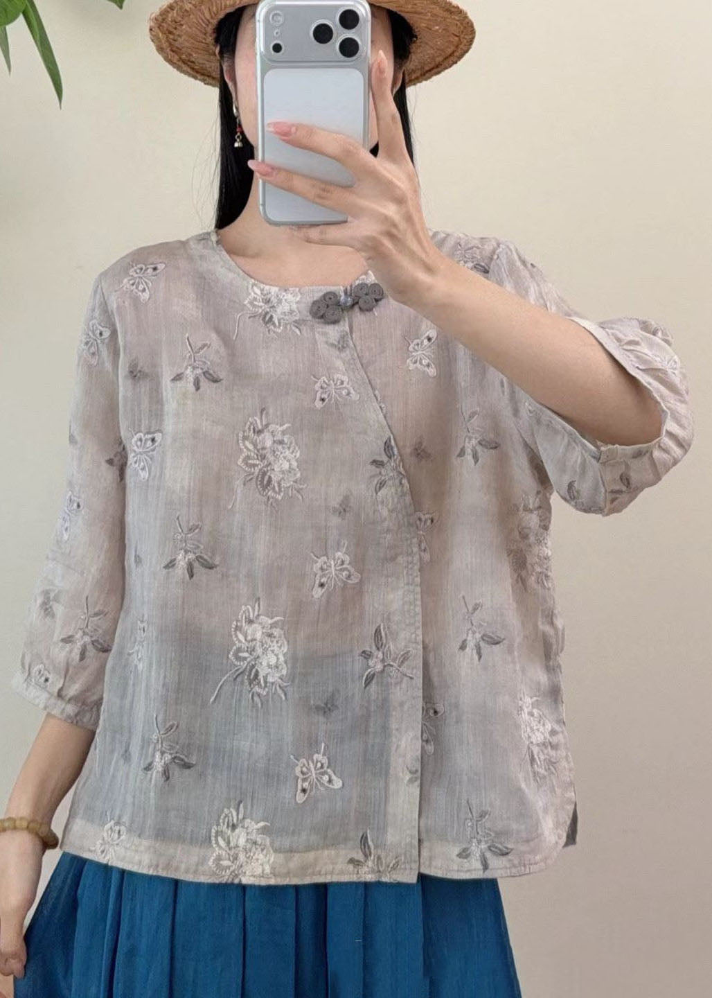 New Yellow O-neck Embroidered Linen Blouse Top Summer