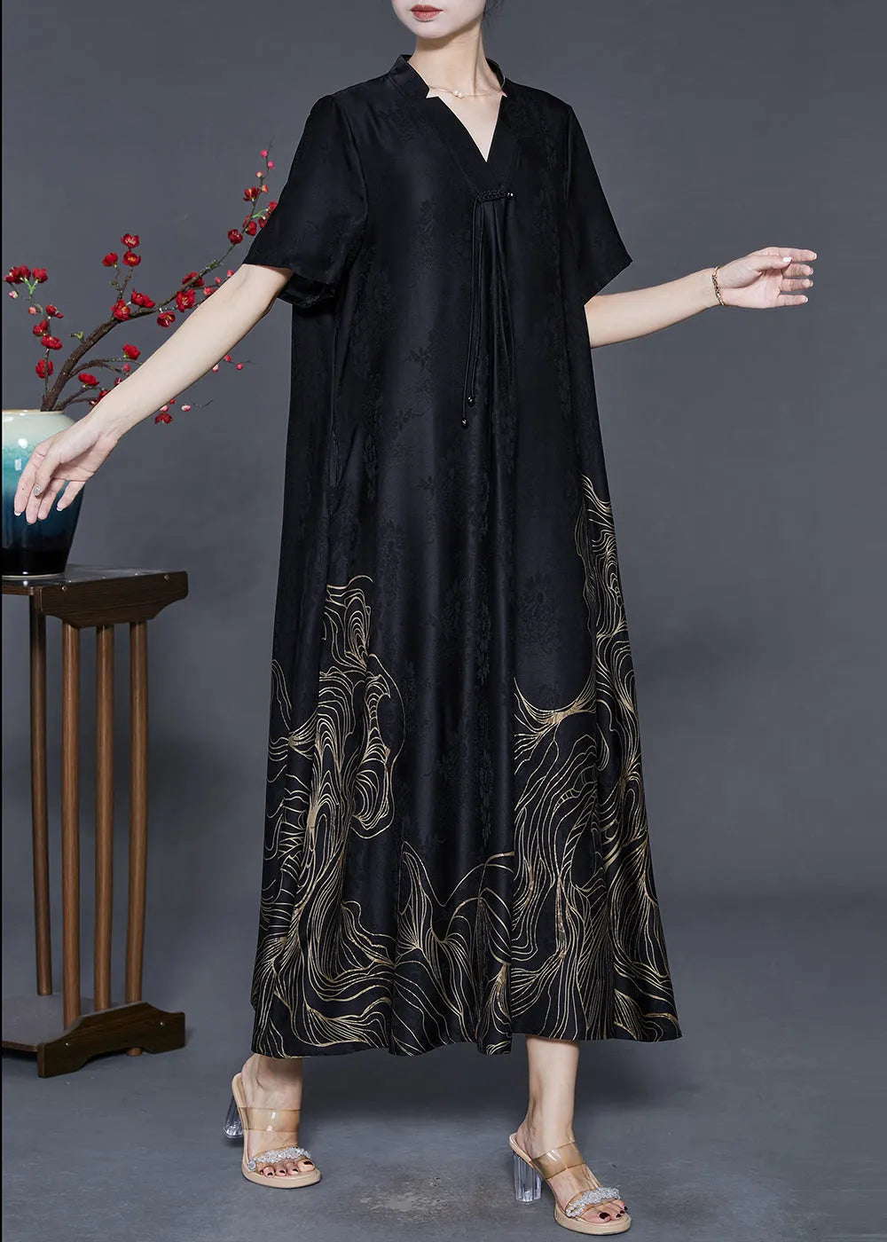 Black Tasseled Print Silk Dresses Summer