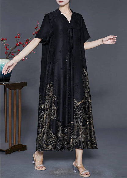 Black Tasseled Print Silk Dresses Summer