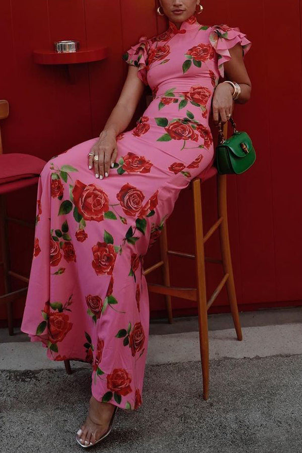 Cheongsam Style Rose Print Tiered Flare Sleeve Stretch Maxi Dress