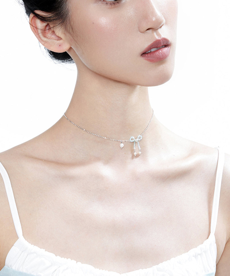 Blue Crystal Bow Pearl Silver Choker
