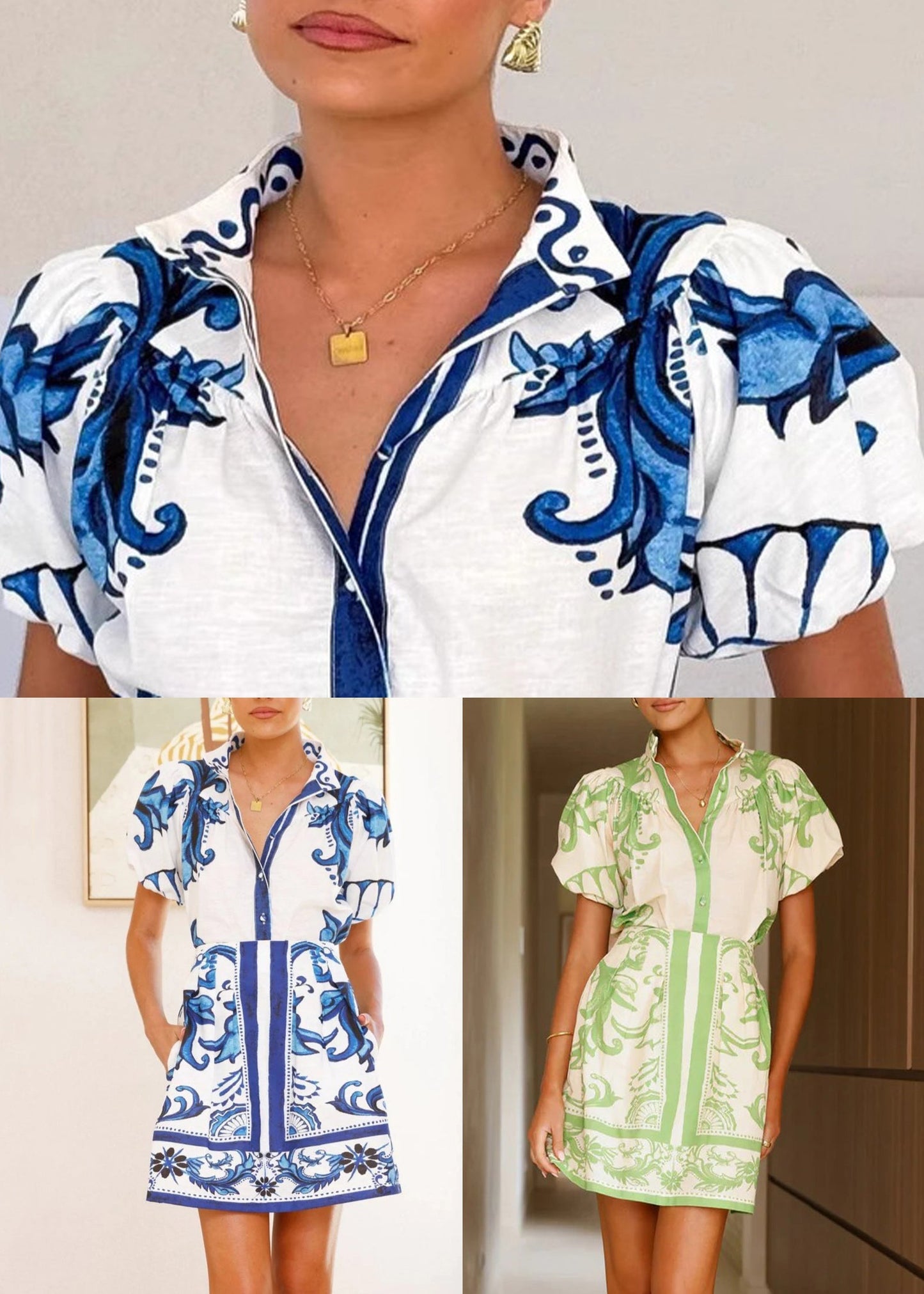 New Blue Stand Collar Shirts and Skirts Linen Two Pieces Set Summer