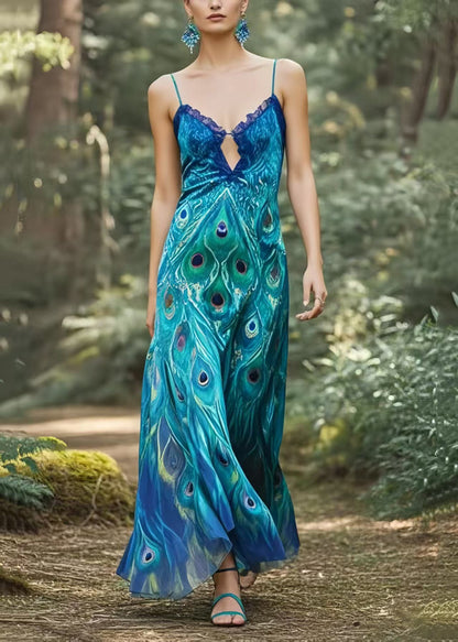 Peacock Blue Print Silm Fit Chiffon Dance Dress Summer