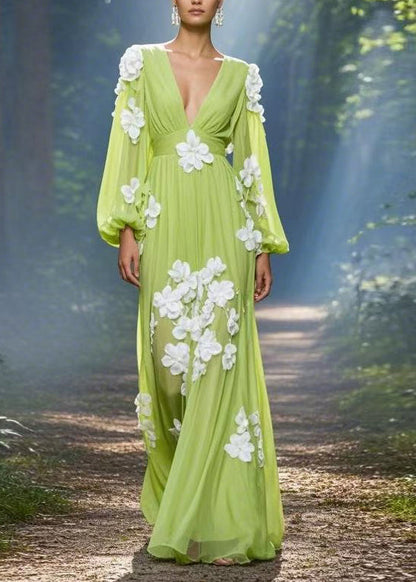 Classy Green V Neck Decorated Chiffon Maxi Dress Spring