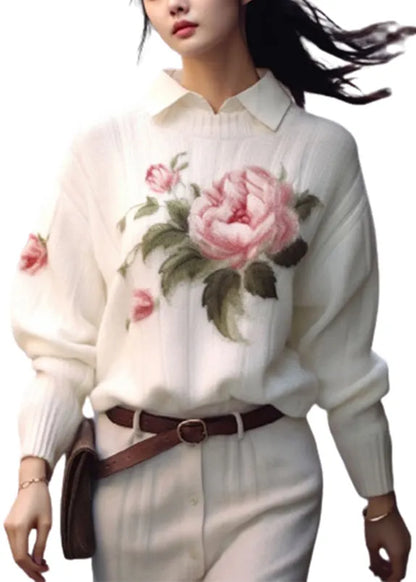 White O Neck Print Cozy Knit Sweaters Fall