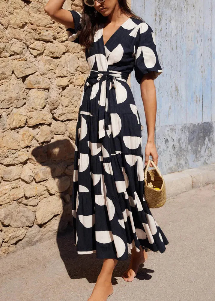 Black V Neck Print Tie Waist Cotton Dress Summer