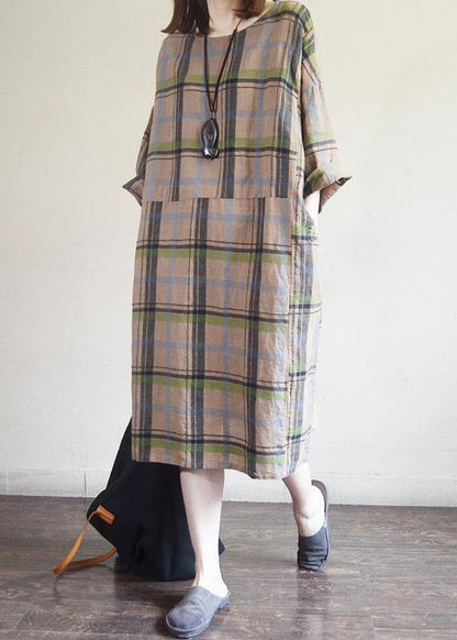 Cotton Tunic Top Plaid Round Neck Cotton Linen Dress