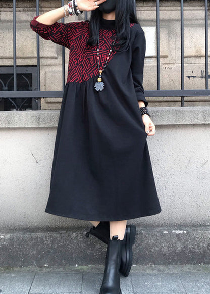 Red O-neck Print Wrinkled Cotton Maxi Dresses Long Sleeve