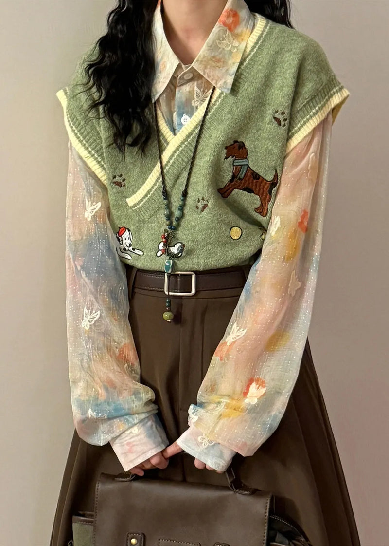 Loose Green V Neck Embroidered Animal Knit Vest Sleeveless