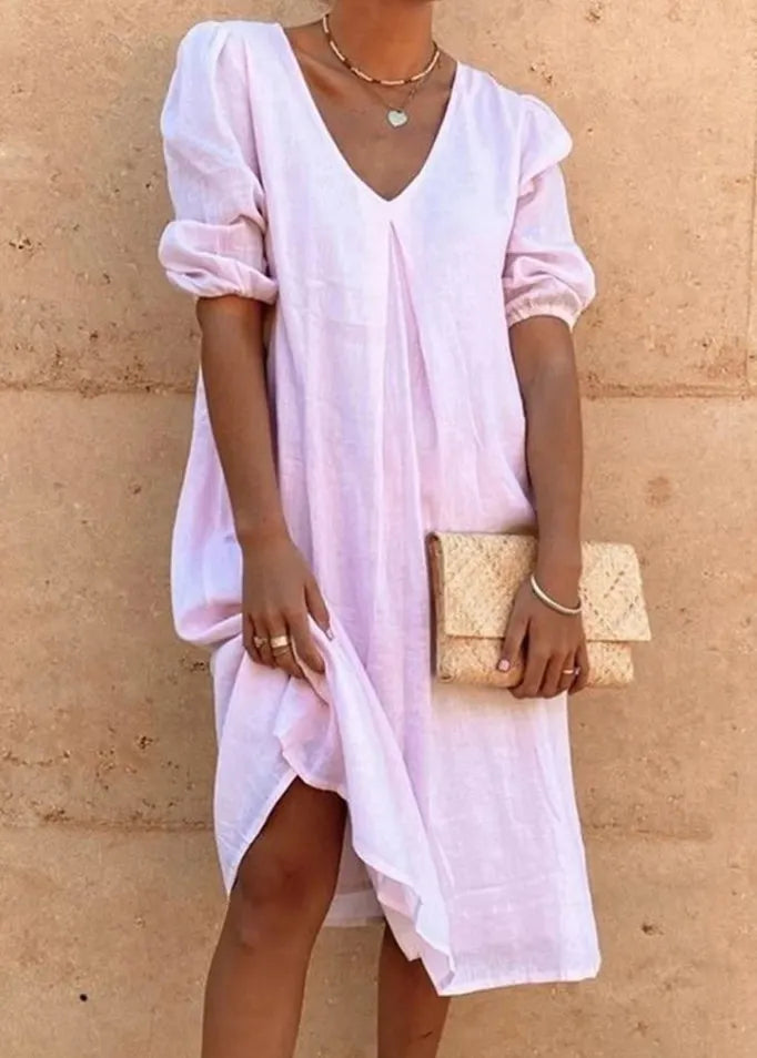Pink V Neck Cotton Mid Dress Summer