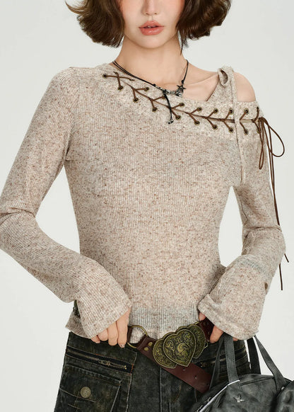 Diy Beige One Shoulder Cross Strap Knit Tops Spring