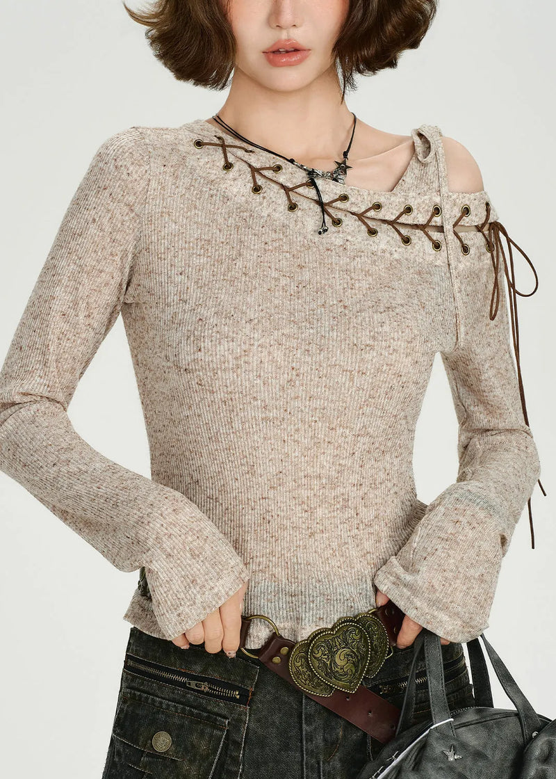 Diy Beige One Shoulder Cross Strap Knit Tops Spring