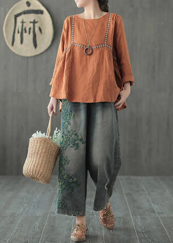 Blue Embroidered Cotton Ripped Jeans Pants Fall