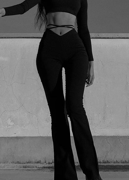 Simple Black High Waist Cotton Flared Trousers Spring