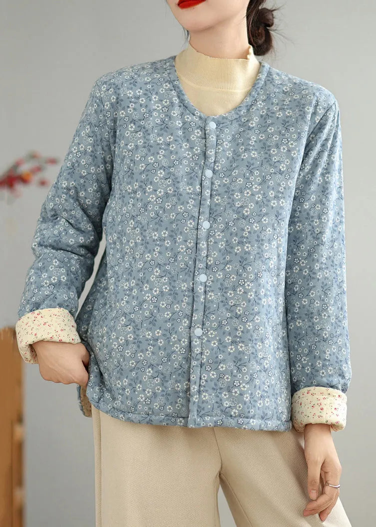 Blue Print Button Cotton Filled Winter Coat O Neck