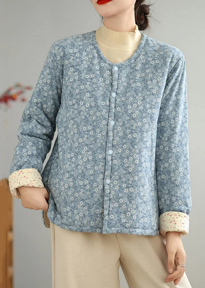 Blue Print Button Cotton Filled Winter Coat O Neck