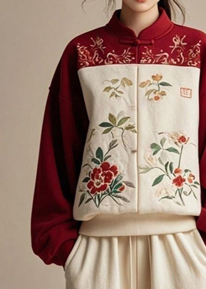 New Red Print Patchwork Cotton Pullover Sweatshirt Fall