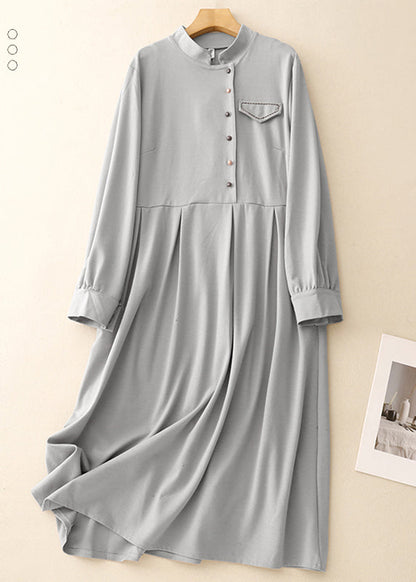 Light Blue Stand Collar Cotton Long Dresses Spring