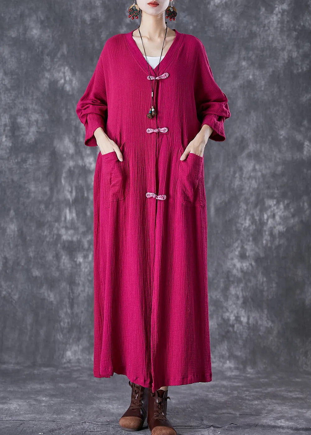 Rose Chinese Button Wrinkled Linen Long Cardigan Fall
