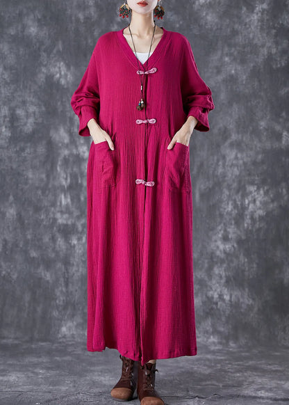Rose Chinese Button Wrinkled Linen Long Cardigan Fall
