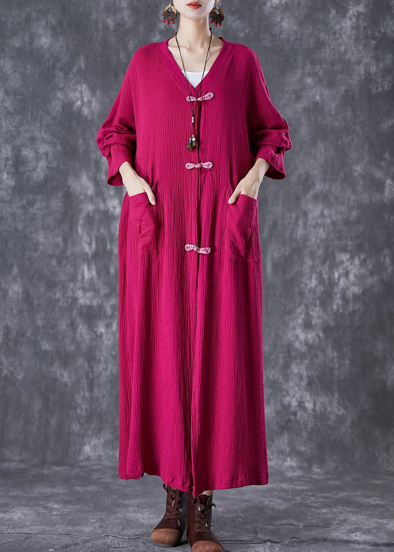 Rose Chinese Button Wrinkled Linen Long Cardigan Fall