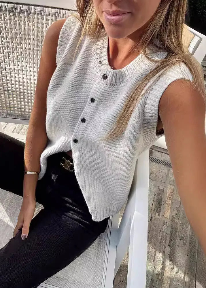 Italian Apricot O Neck Button Knit Vest Cardigans Sleeveless