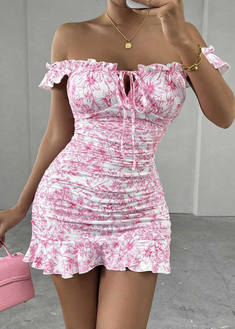 Pink Ruffled Cold Shoulder Print Cotton Dress Summer