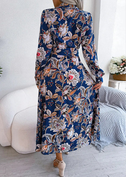 Royal Blue Peter Pan Collar Print Chiffon Shirts Dress Spring