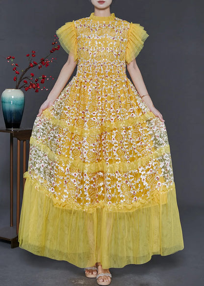 French Yellow Embroidered Patchwork Tulle Holiday Dress Summer