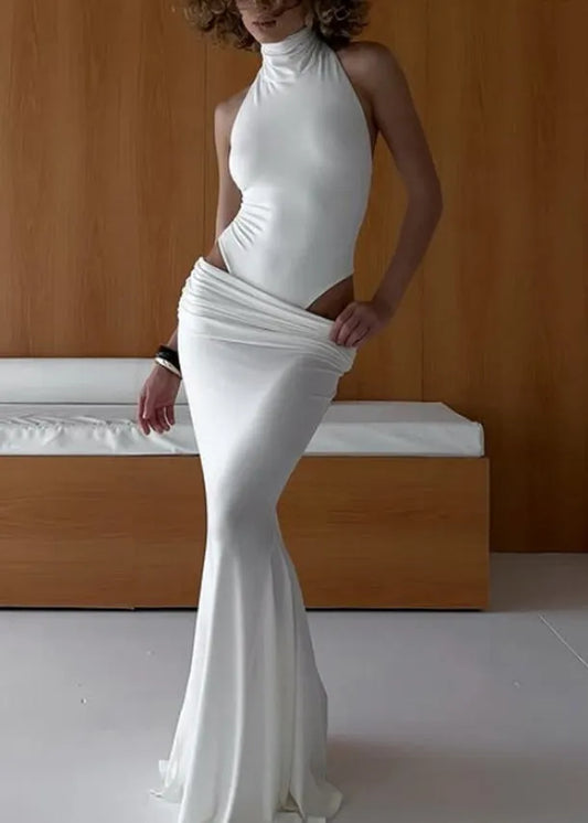 Boutique White Backless Patchwork Cotton Dresses Sleeveless