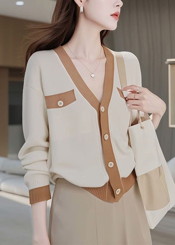 Colorblock V Neck Patchwork Button Cotton Knit Cardigans Fall